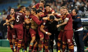The successful AS Roma squad celebrating.